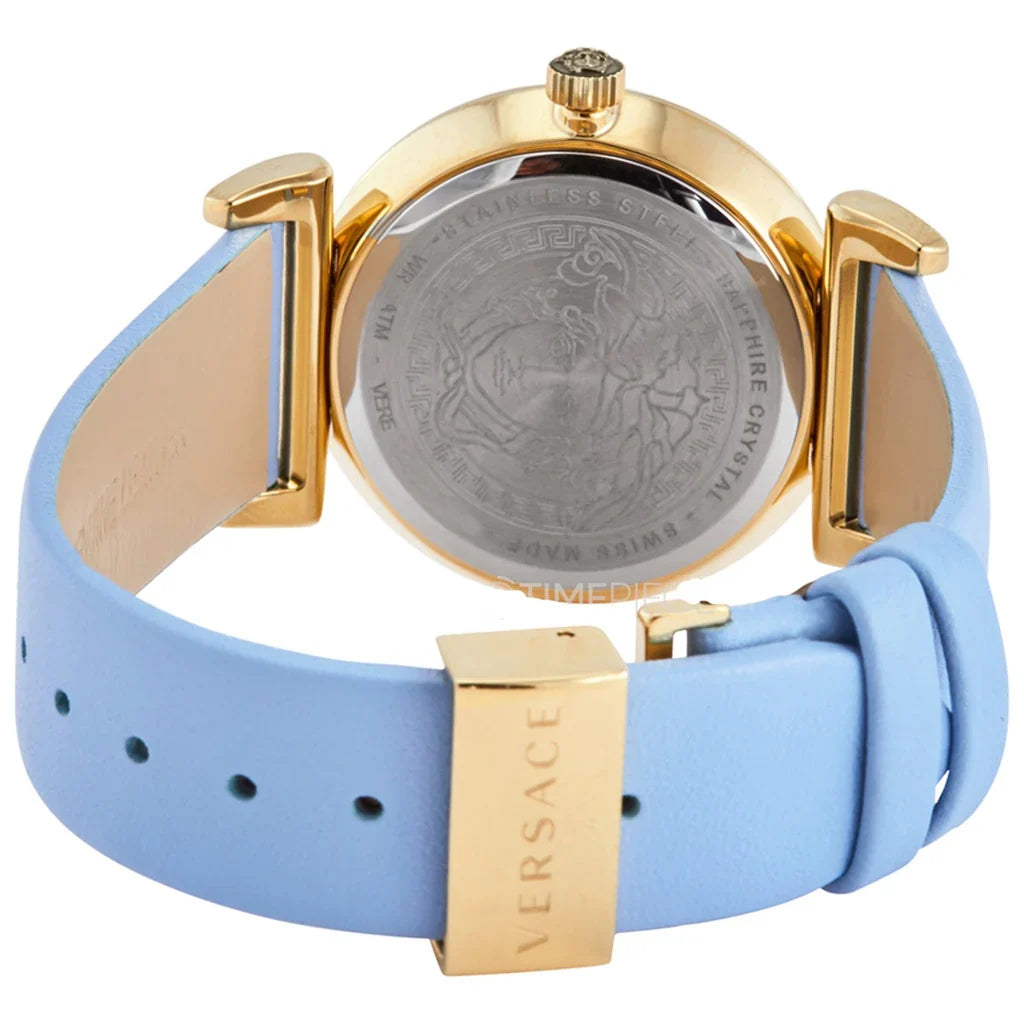 Caseback view showing gold-tone case with Versace engraving and blue leather strap with buckle