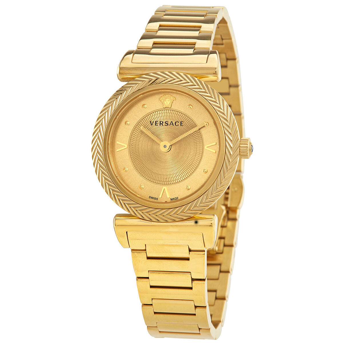 Versace V-Motif all gold women's quartz watch with oval dial and decorative bezel