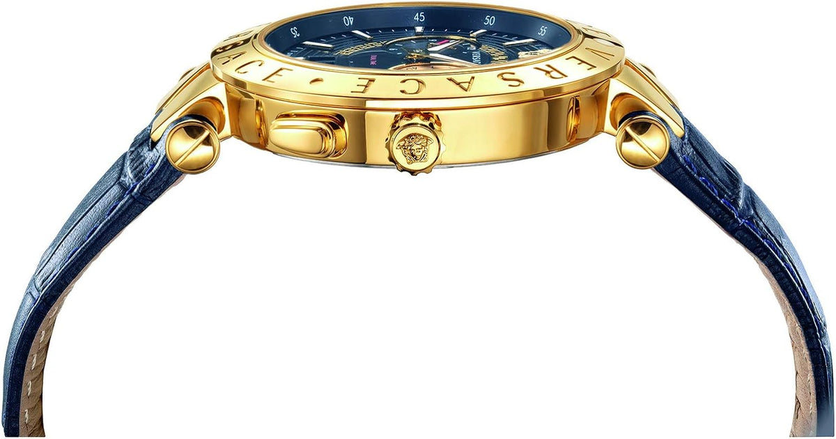 Side angle view of Versace V-Race watch showing gold case profile and blue strap
