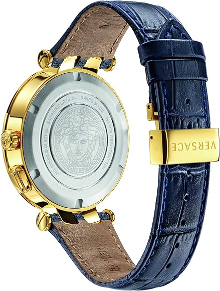 Caseback view of Versace V-Race watch with Medusa logo engraving and blue leather strap