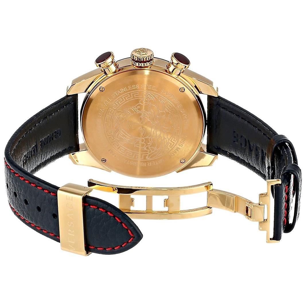 Versace V-Ray watch caseback showing gold-tone case, black leather strap with red stitching and gold clasp