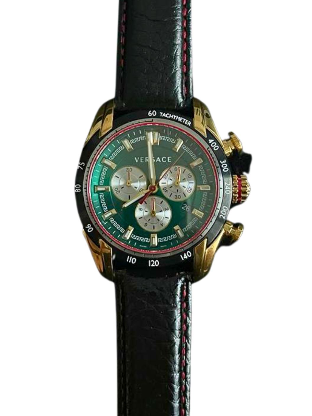 Versace V-Ray chronograph watch side view displaying green dial and tachymeter bezel