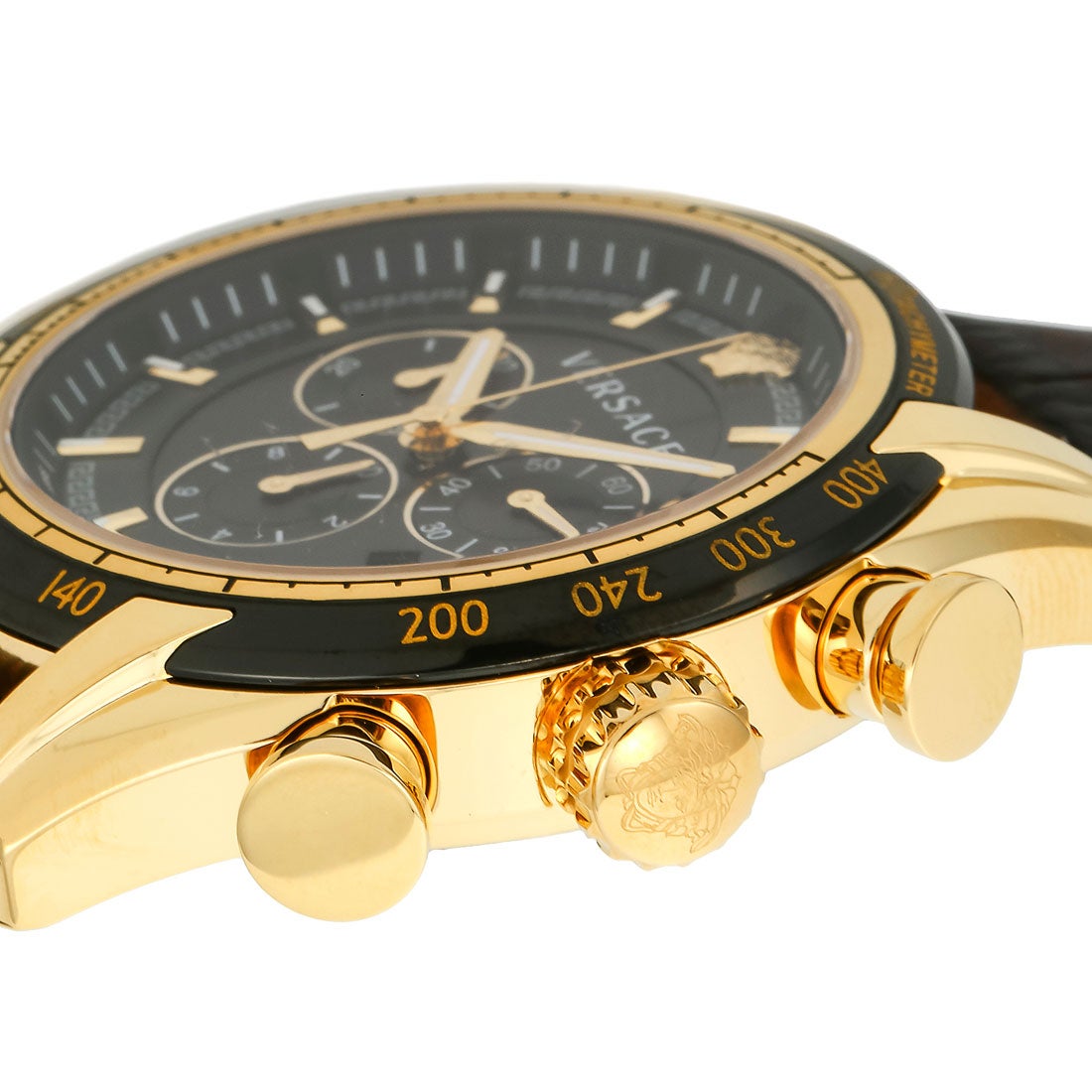 Side angle view of Versace V-Ray chronograph showing dial detail with subdials and tachymeter bezel