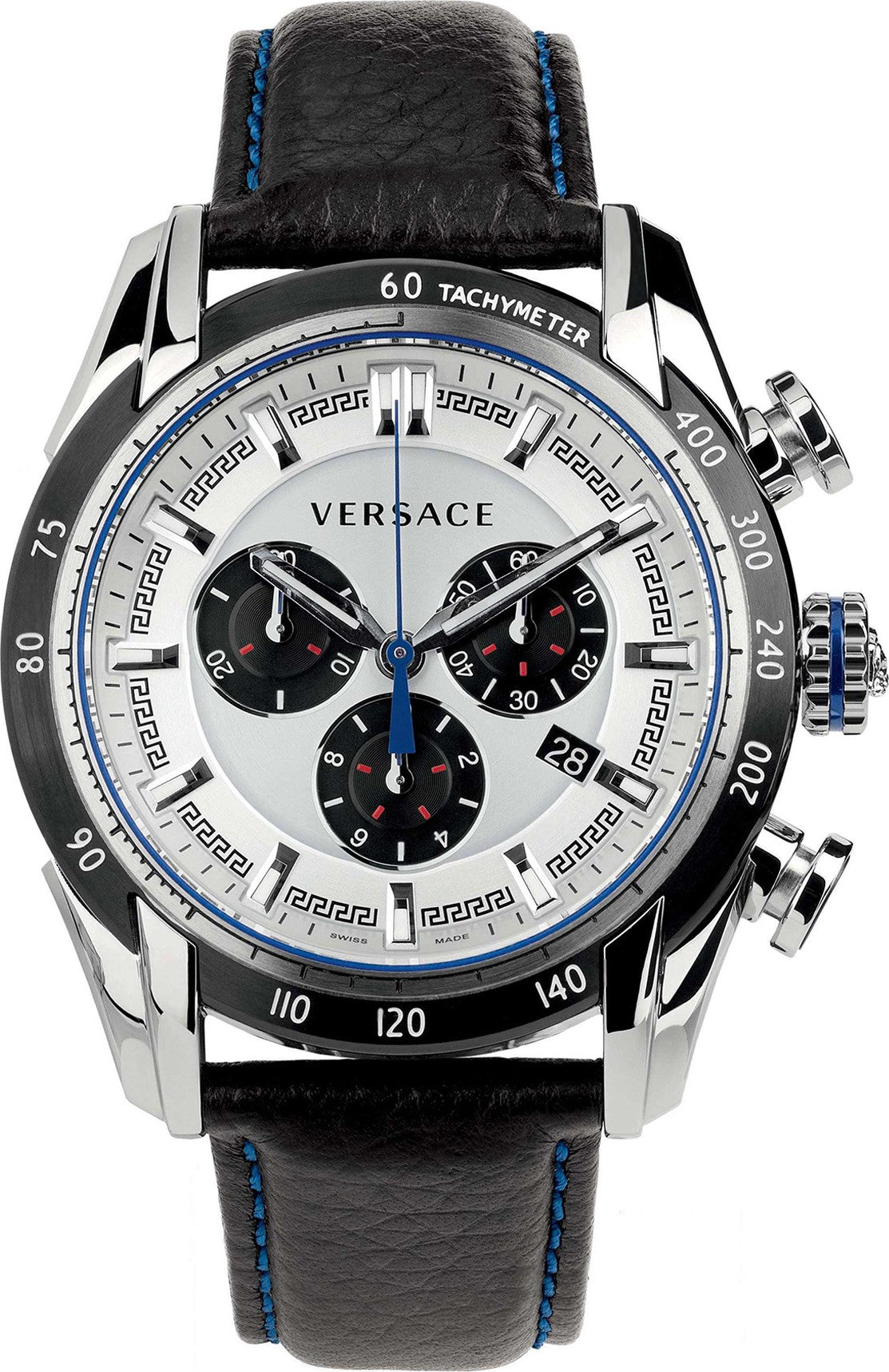 Versace V-Ray chronograph watch with white dial, black subdials, tachymeter bezel, and black leather strap