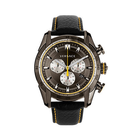 Versace V-Ray chronograph watch with grey dial and three white subdials on black leather strap