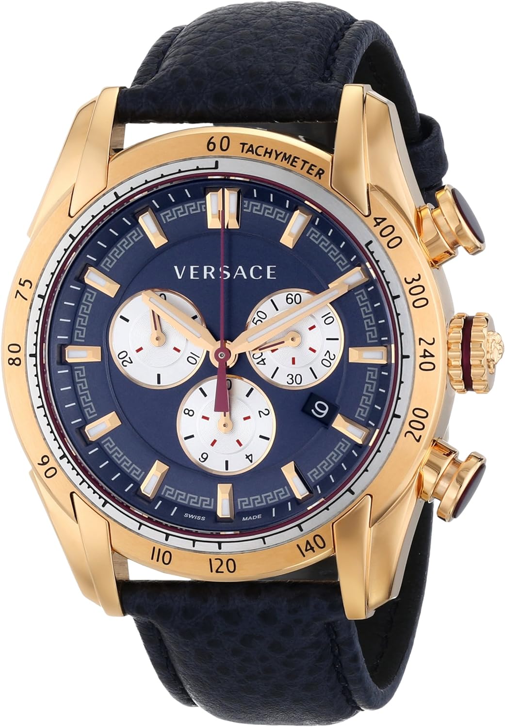 Versace V-Ray rose gold chronograph watch with navy dial and black leather strap