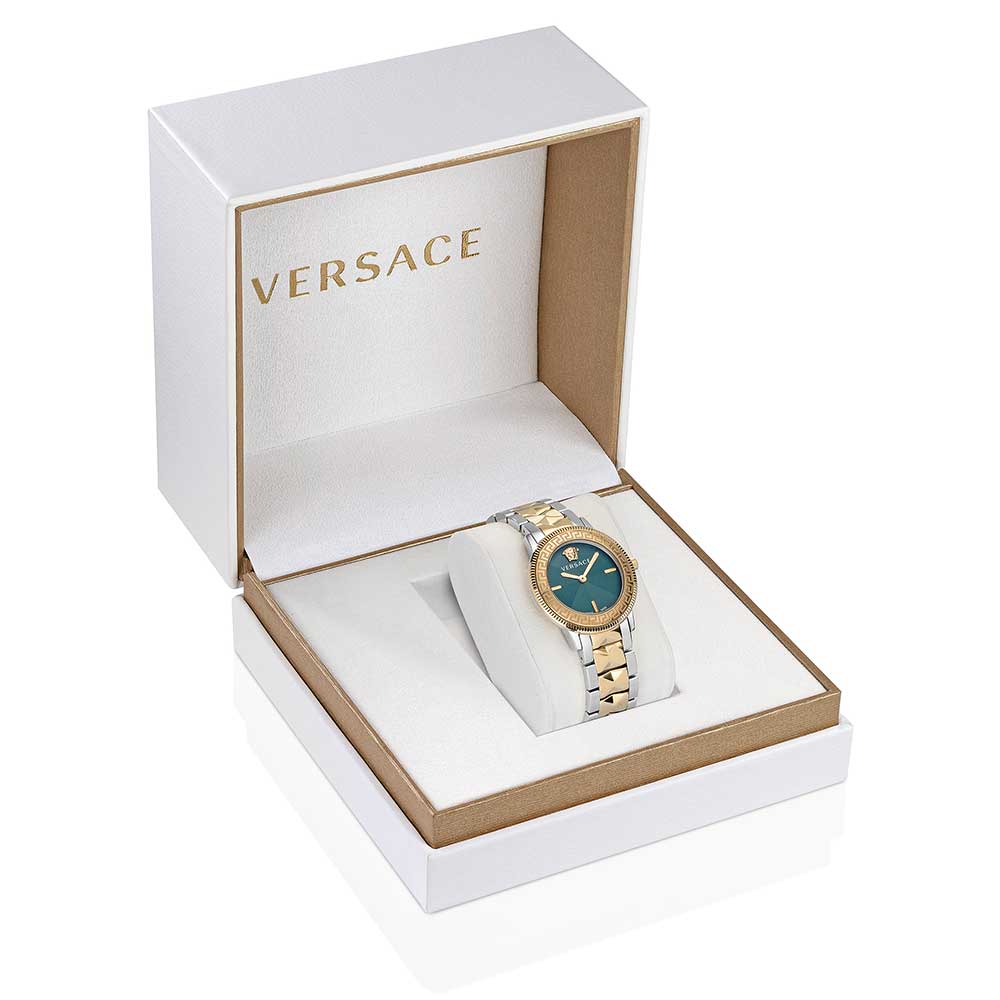 Versace V-Tribute watch displayed in white and beige branded presentation box