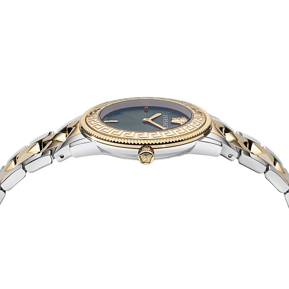 Side profile of V-Tribute watch showing bracelet and case with Medusa crown