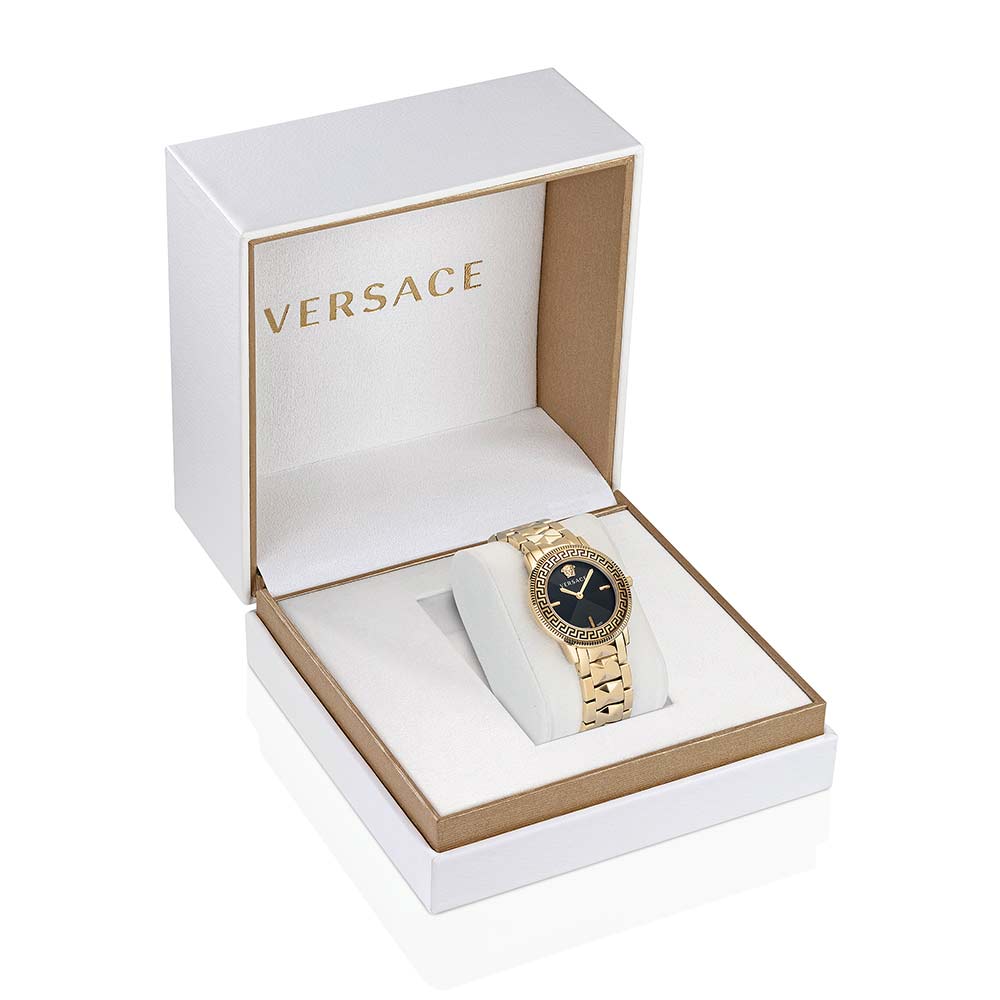Versace V-Tribute ladies watch in white and kraft retail box with gold-tone gift packaging