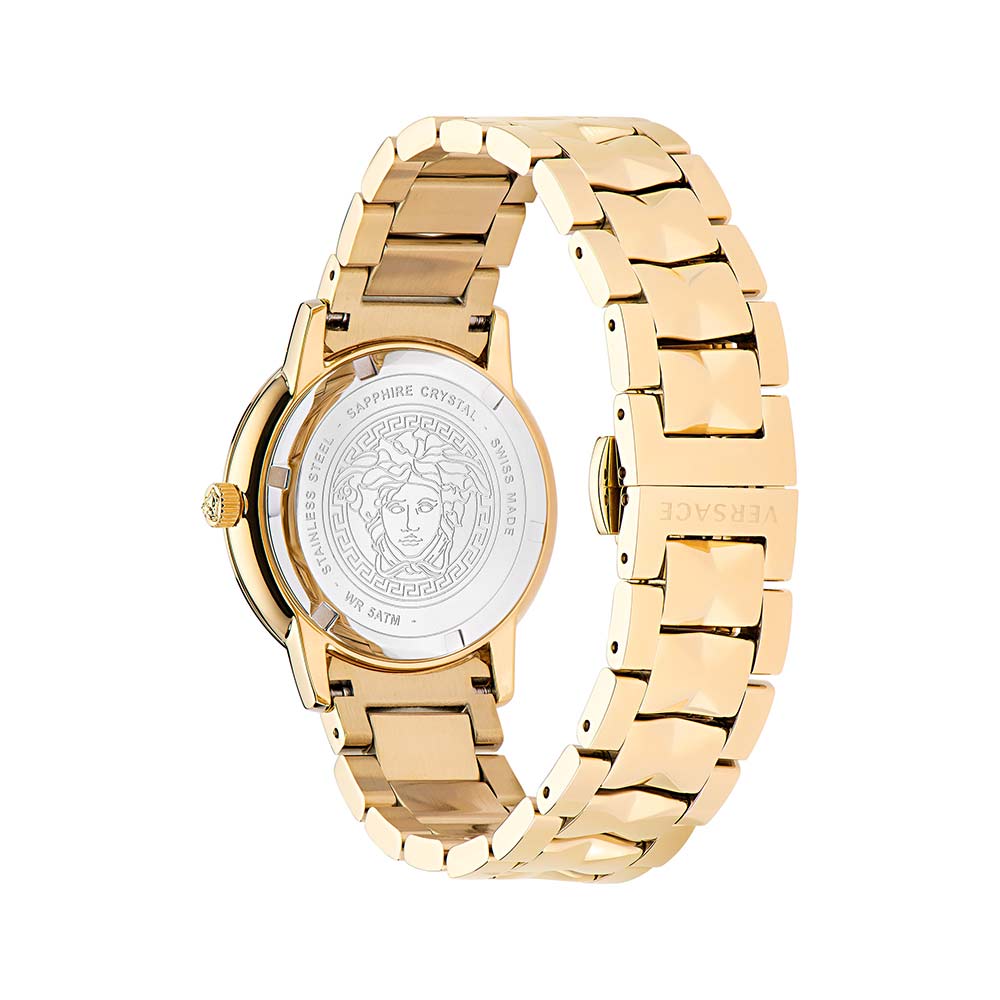 Versace V-Tribute watch caseback showing Medusa logo and gold-tone stainless steel bracelet