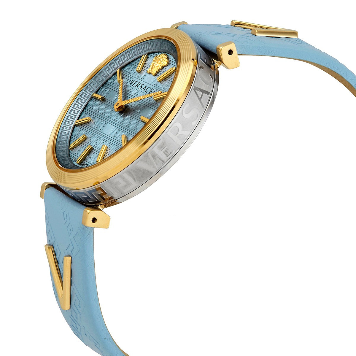 Angled view of Versace V-Twist watch showing case thickness and blue leather strap
