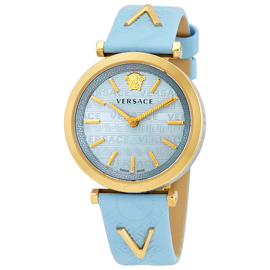 Three-quarter view of Versace V-Twist watch showing blue dial and signature V strap details