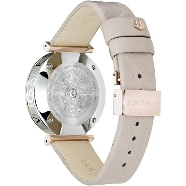 Versace V-Twist watch caseback showing Medusa logo medallion and white leather strap with rose gold hardware