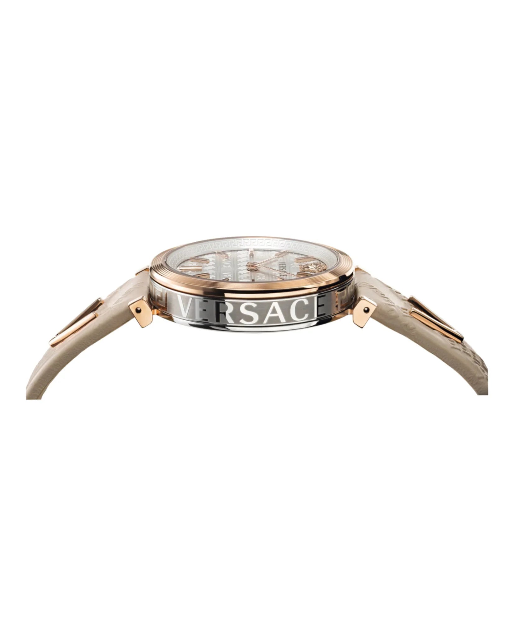 Versace V-Twist watch profile view showing case thickness, white leather strap, and rose gold case sides
