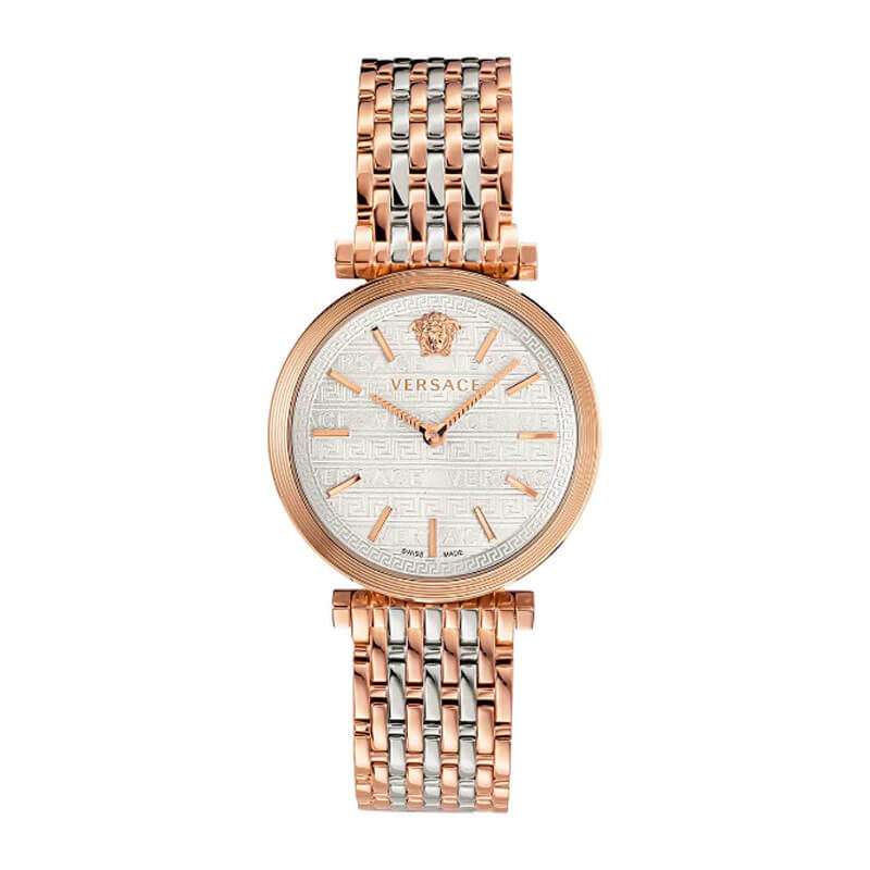 Versace V-Twist watch angled view showing silver dial and rose gold steel two-tone strap
