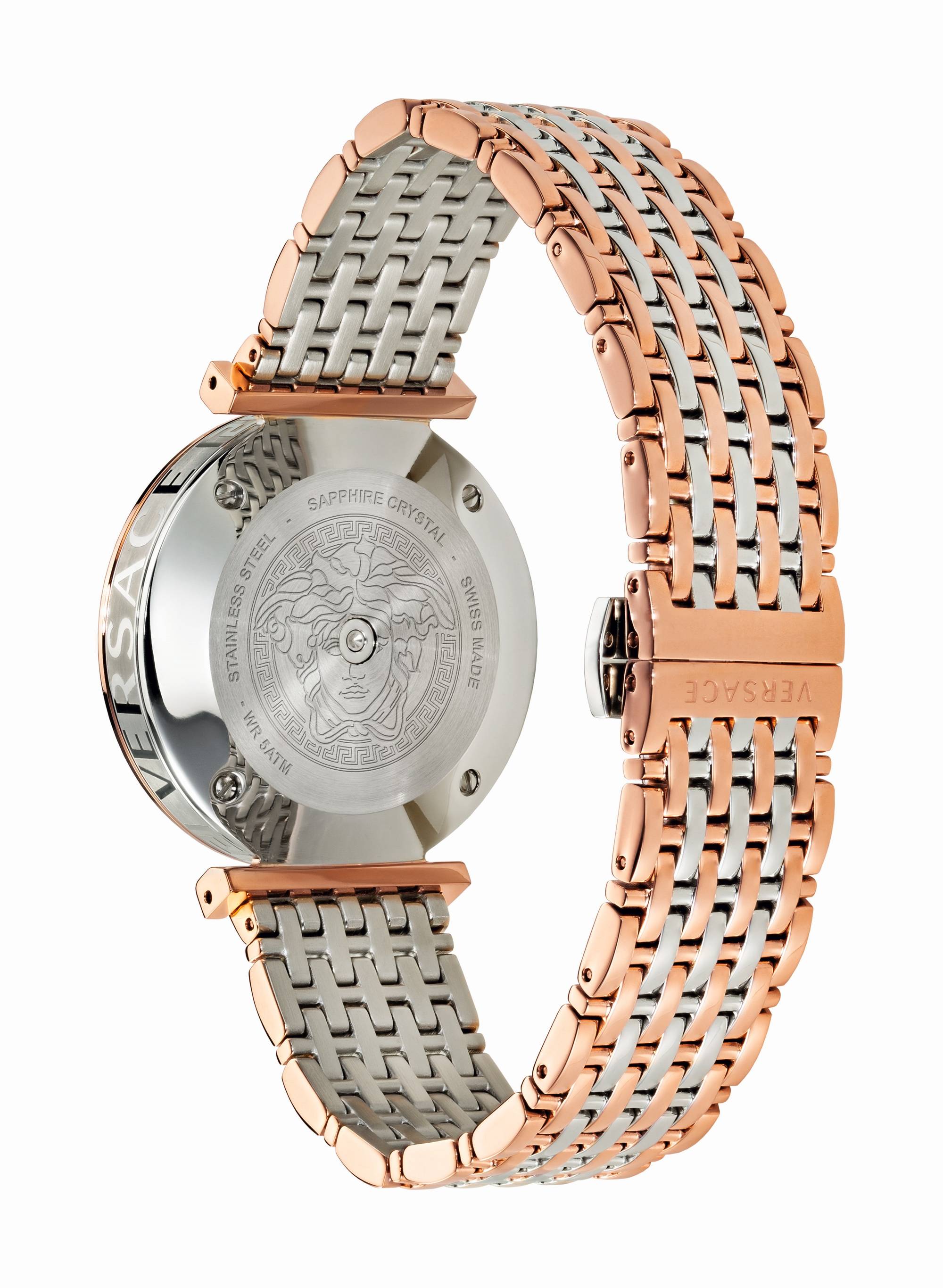 Versace V-Twist caseback showing engraved Medusa logo and water resistance information