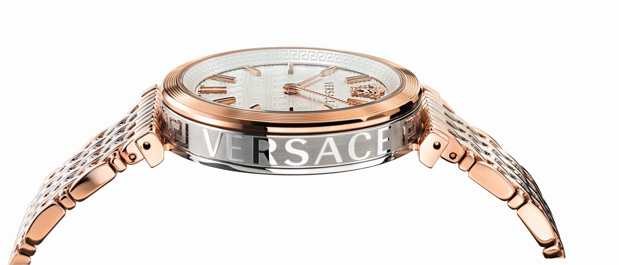 Side view of Versace V-Twist watch case with rose gold and steel two-tone lugs