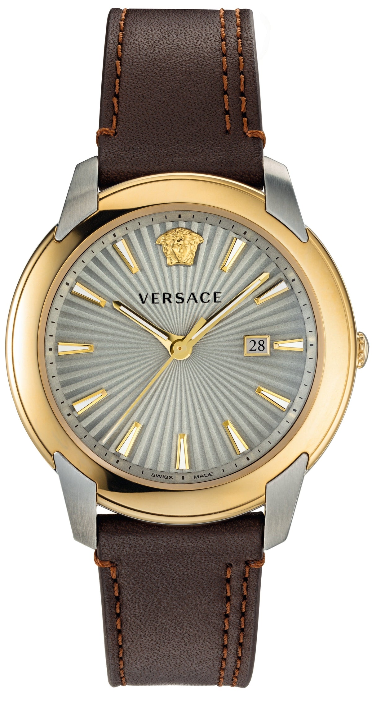 Versace V-Urban 3H watch with gold and silver case, sunburst silver dial, and brown leather strap