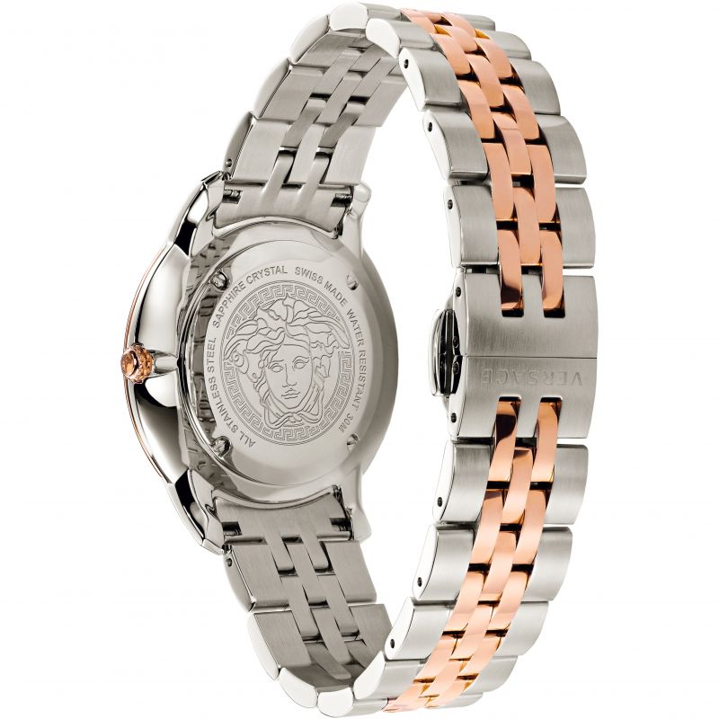 Caseback and side view of two-tone bracelet with Medusa medallion engraving