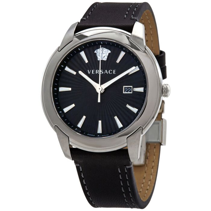 Versace V-Urban watch at angle showing black dial with Medusa logo and black leather strap