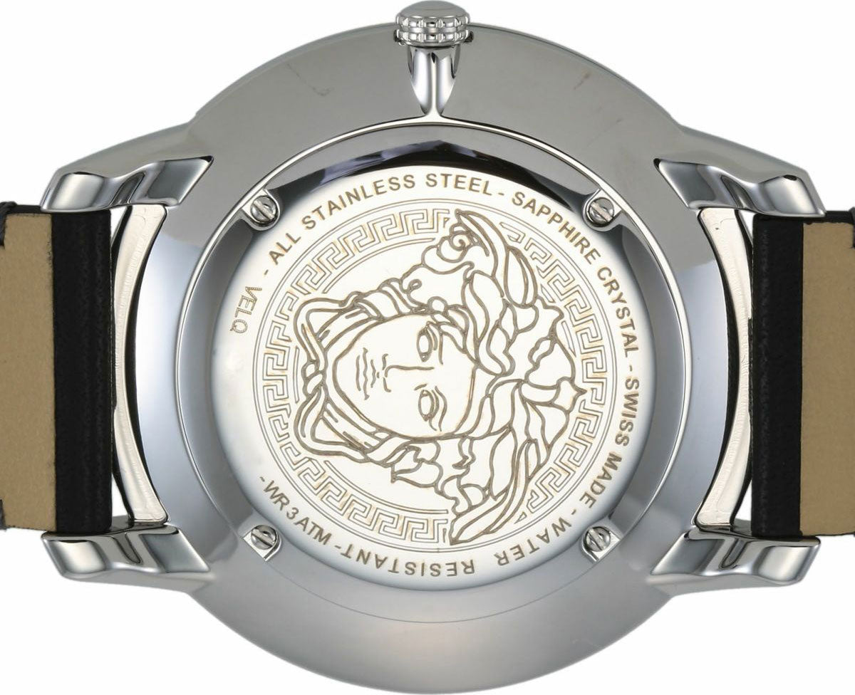 Versace V-Urban caseback showing engraved Medusa head and stainless steel sapphire crystal