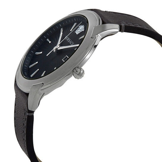 Versace V-Urban watch side profile showing stainless steel case and black leather strap