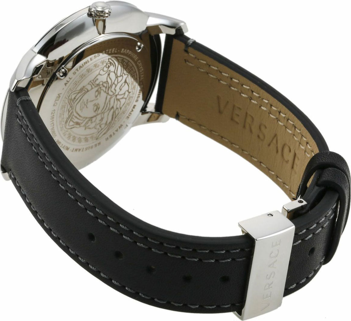 Versace V-Urban black leather strap with Versace branding and steel deployment clasp