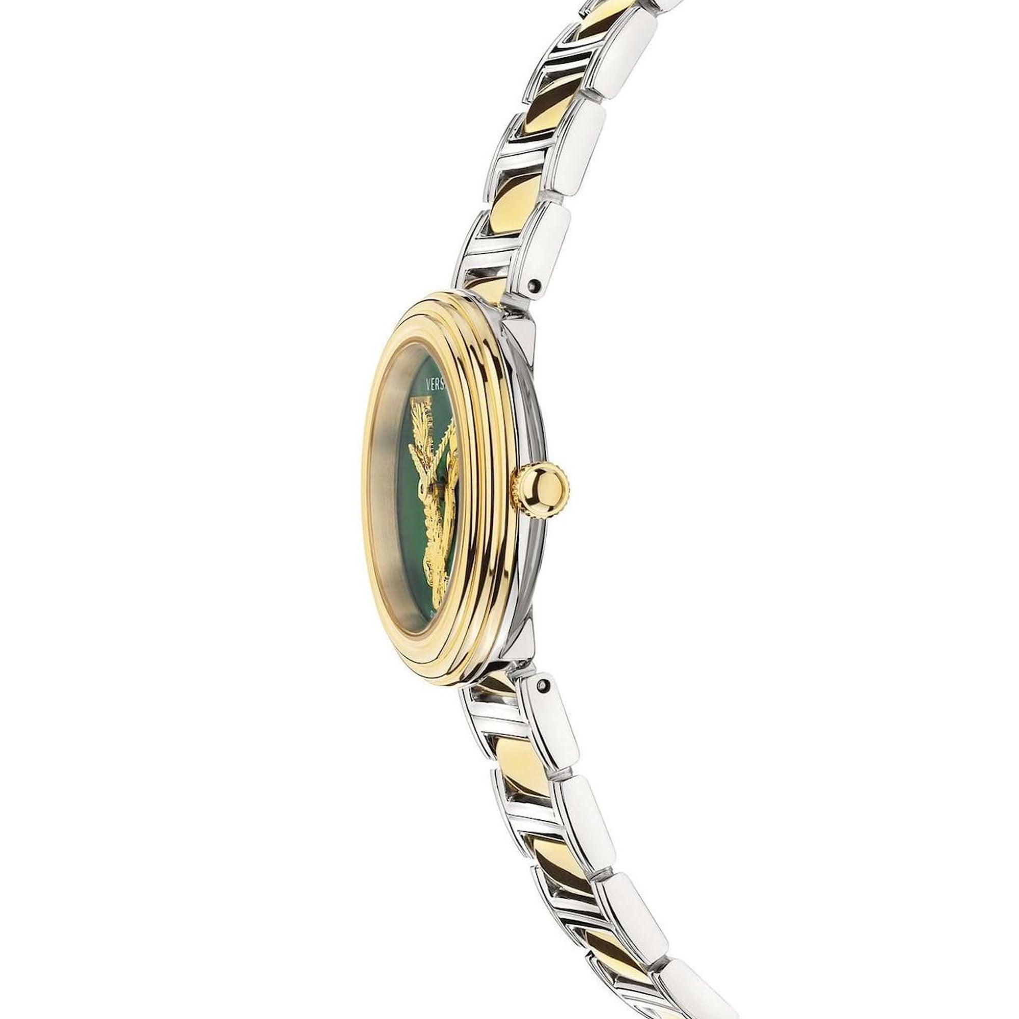 Side angle view of Versace V-Virtus watch showing gold and stainless steel two-tone bracelet
