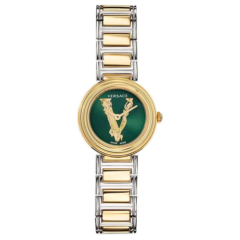 Versace V-Virtus two-tone women's watch with green Medusa dial and gold-stainless steel bracelet