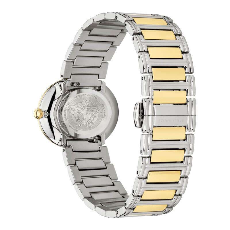 Caseback and bracelet detail of Versace V-Virtus showing Medusa medallion and two-tone design