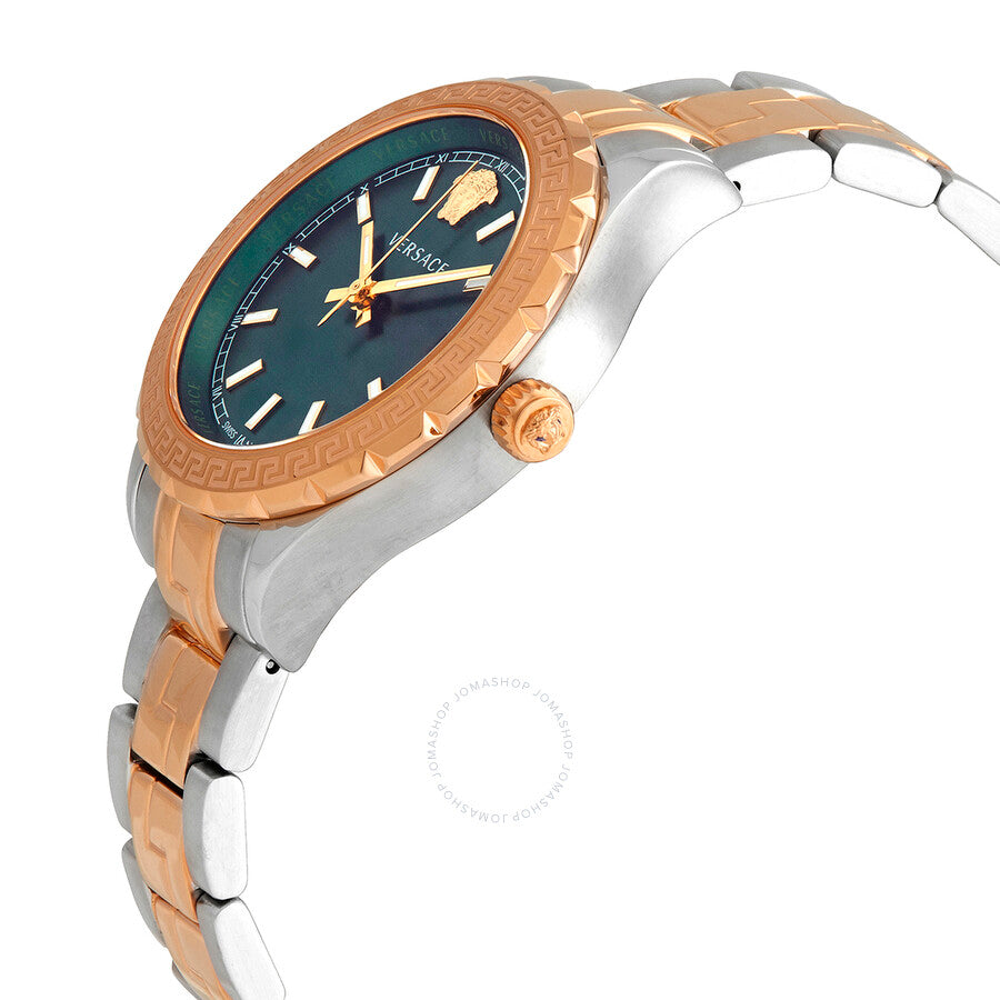 Versace V1205 watch at angle showing rose gold and stainless steel two-tone bracelet
