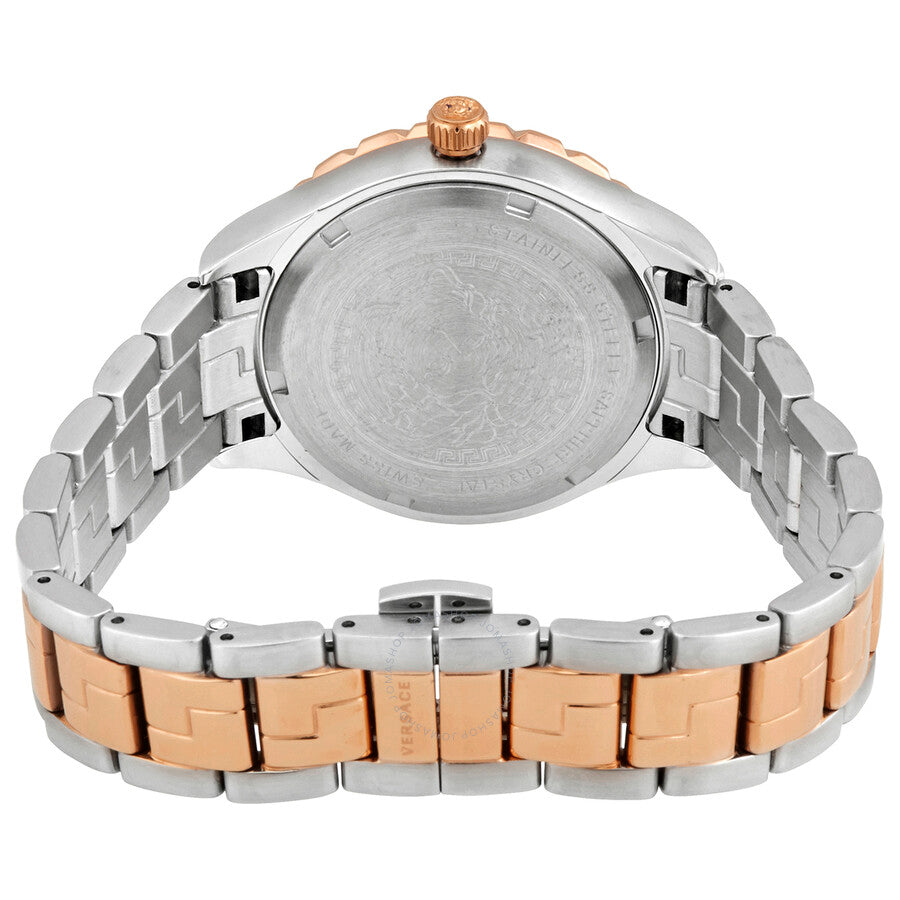Versace V1205 watch caseback showing stainless steel and rose gold two-tone construction