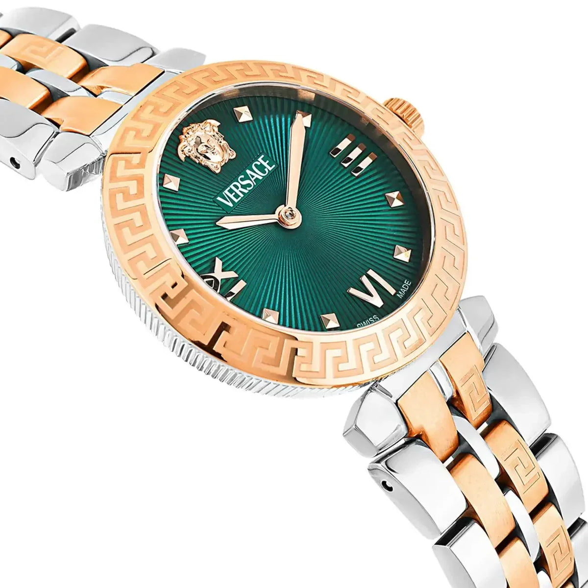 Angled view of Versace Vanity Elaphe watch showing Greek key bezel and two-tone bracelet detail