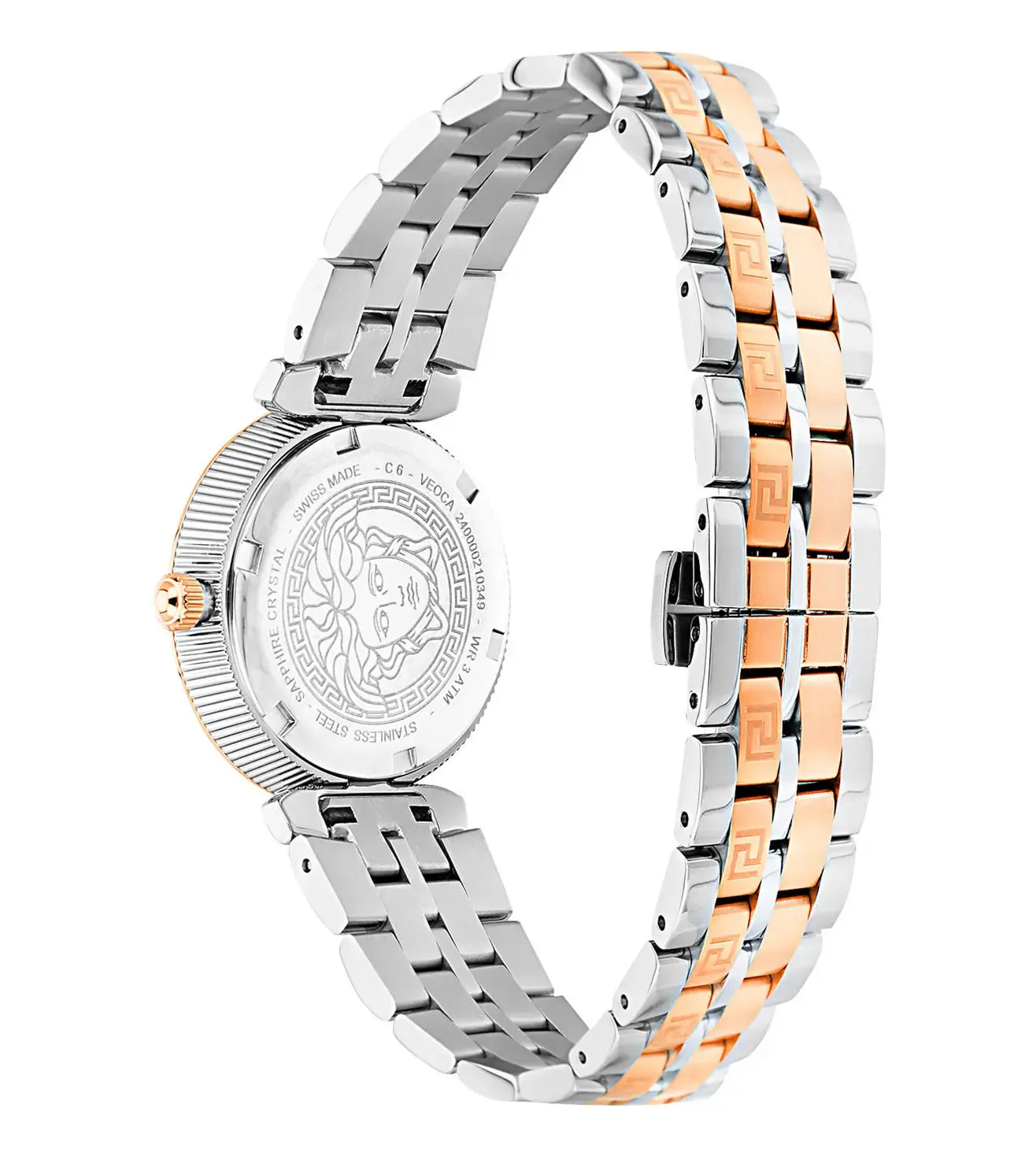 Case back view of Versace Vanity Elaphe showing two-tone stainless steel and engraved design