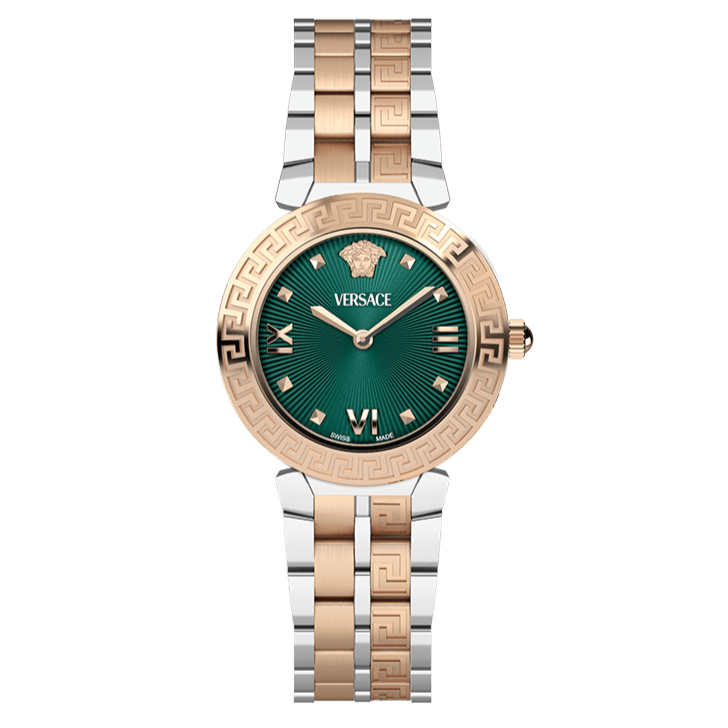 Versace Vanity Elaphe watch front view featuring green sunburst dial with rose gold and silver two-tone bracelet