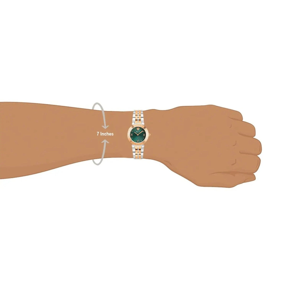 Versace Vanity Elaphe women's watch on wrist showing 7-inch bracelet length fit