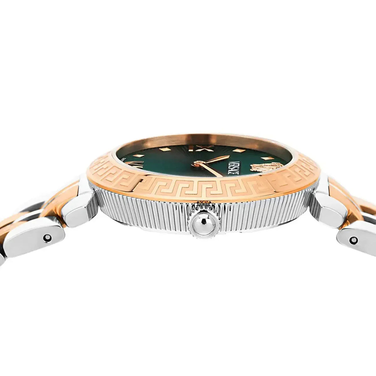 Side view of Versace Vanity Elaphe watch showing case profile and crown detail