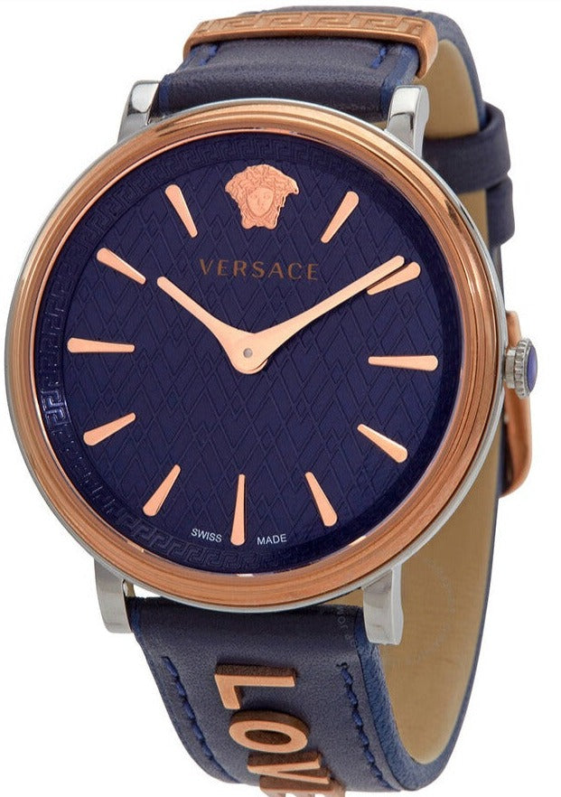 Versace V Circle women's watch with dark blue dial and rose gold case