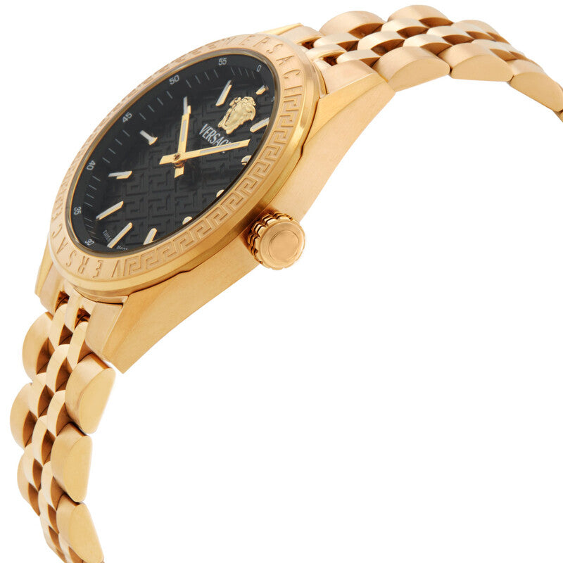 Side angle view of Versace V-Code women's watch showing gold case, bezel, and bracelet