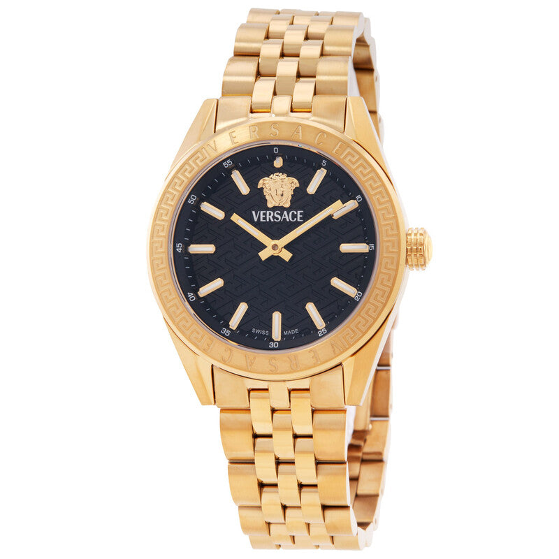 Versace V-Code women's quartz watch with black dial, gold steel case and matching bracelet
