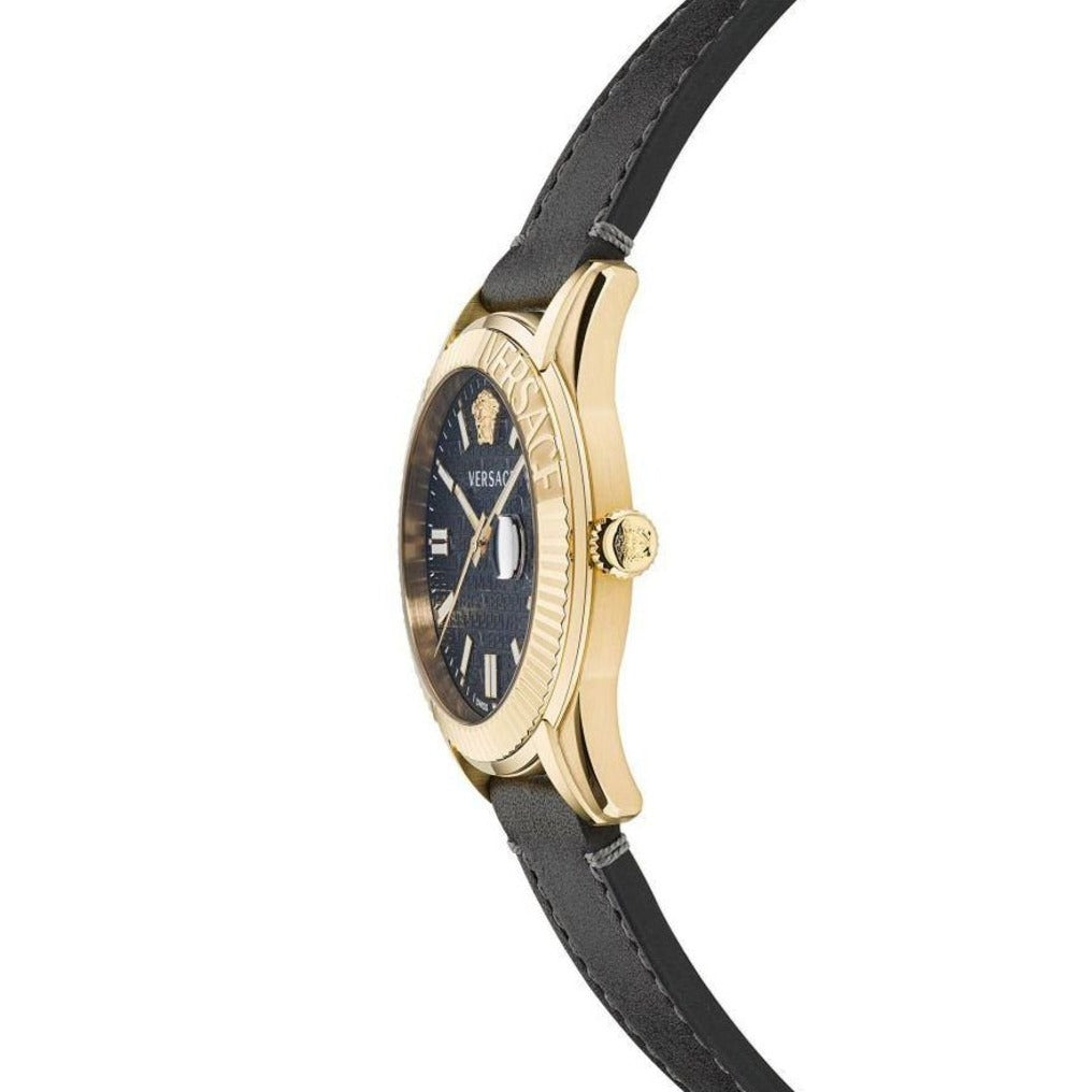 Side angle of Versace Aion Chrono watch showing gold case and black leather strap