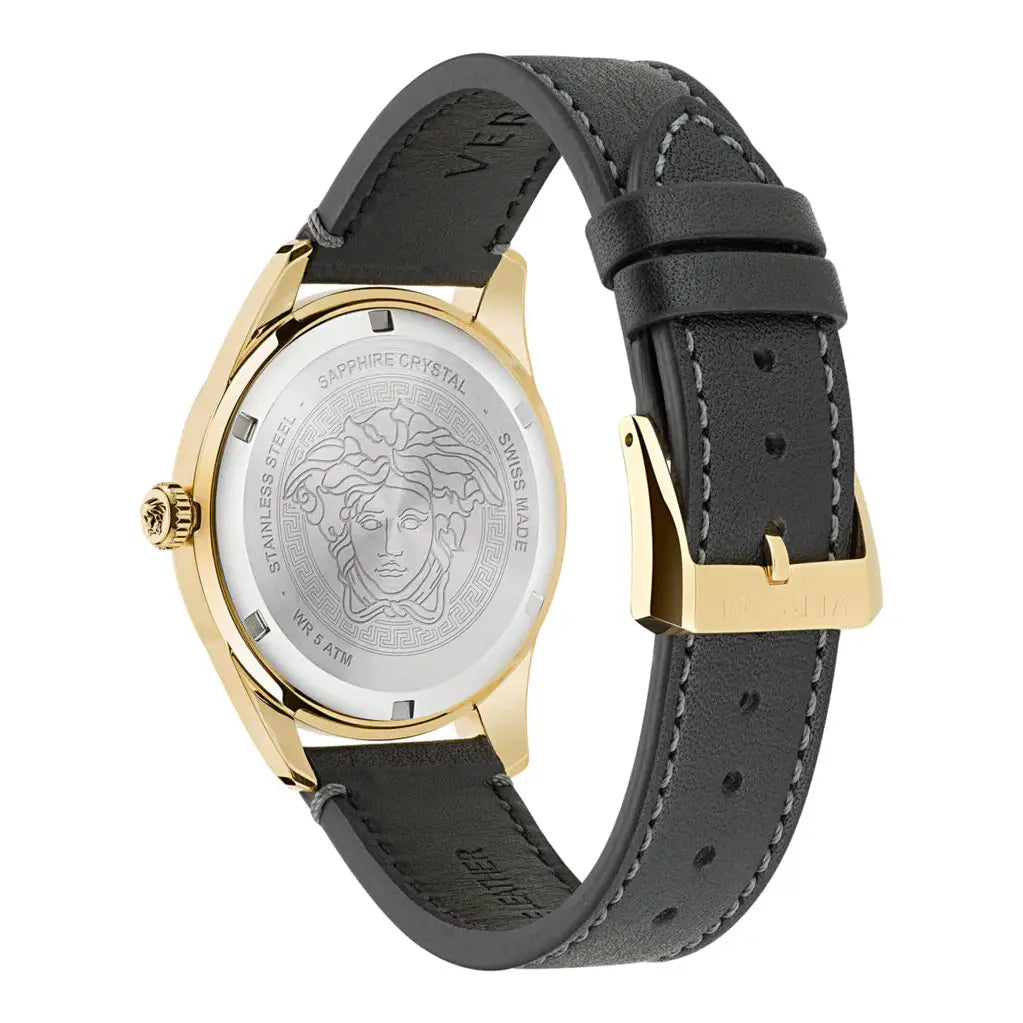 Versace Aion Chrono caseback showing Medusa logo engraving and Versace branding on leather strap