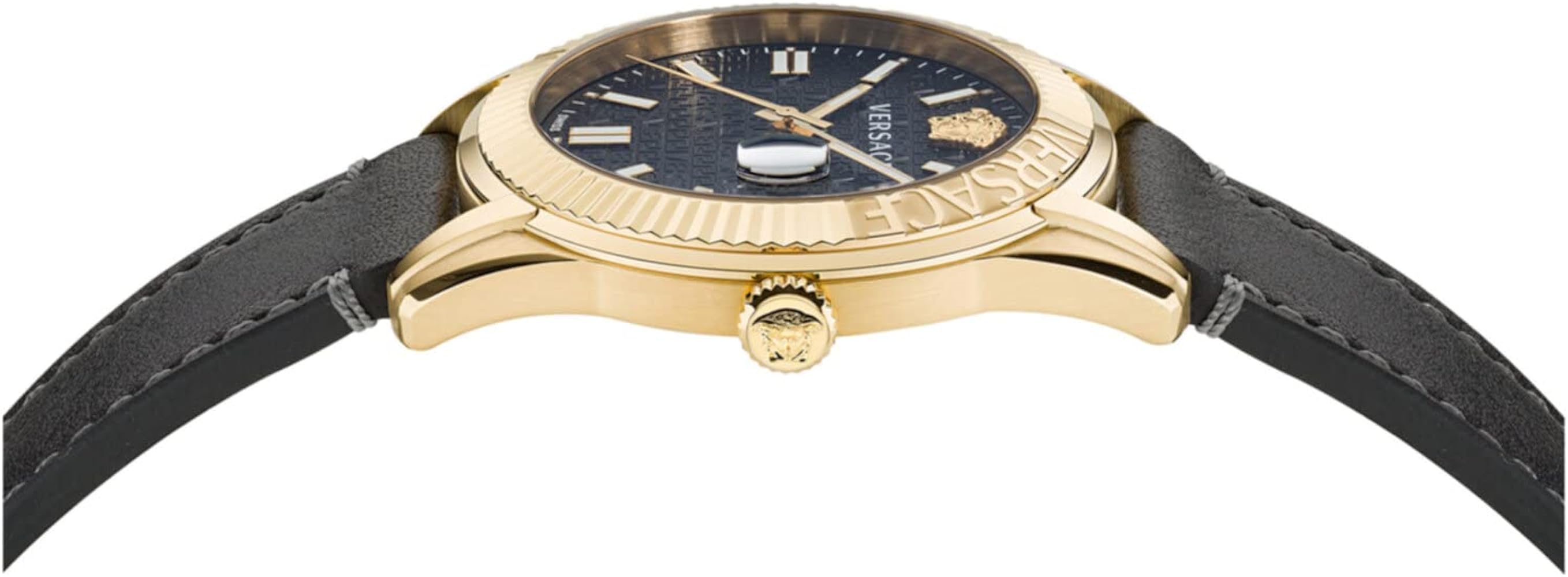 Side profile of Versace Aion Chrono watch with black leather strap and gold-tone case