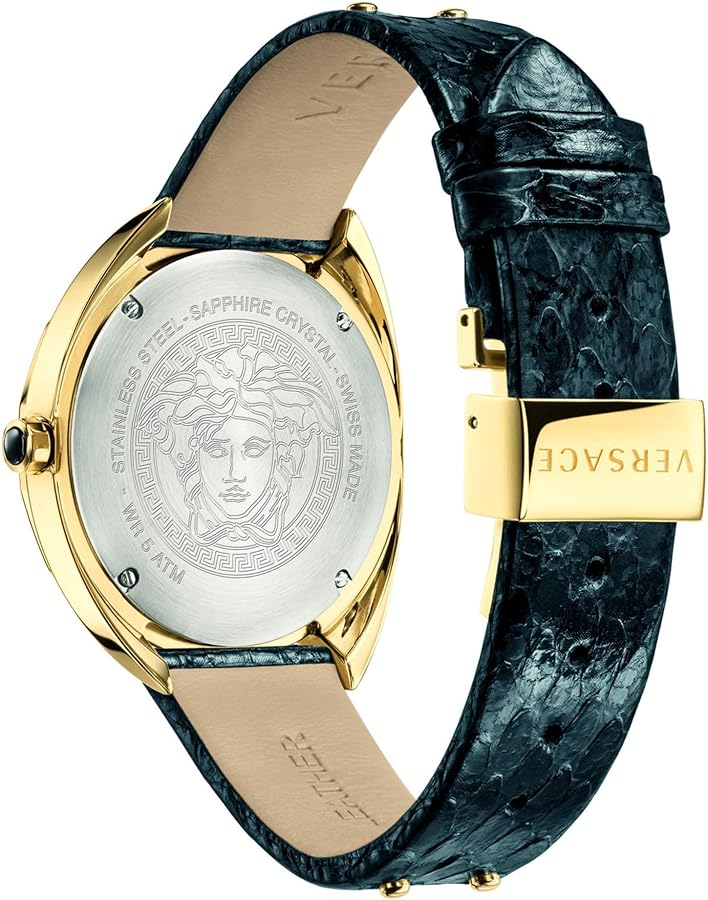 Versace watch caseback showing Medusa head medallion and sapphire crystal with Swiss Made text