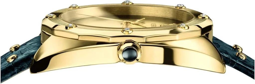 Side view of Versace watch showing gold case profile with black leather strap