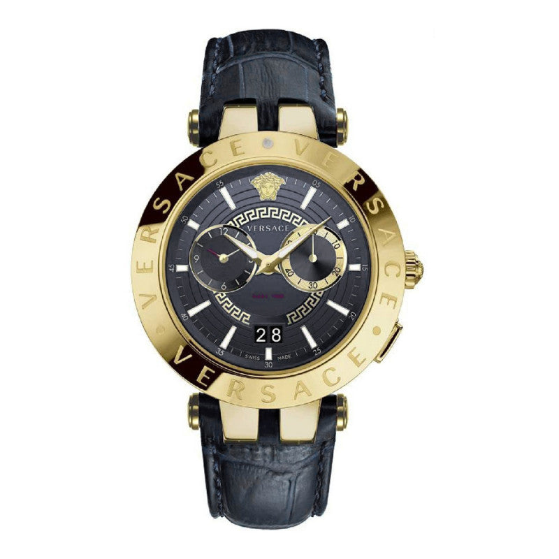 Versace V-Race men's watch with gold-tone case, black chronograph dial, dual subdials, and black leather strap