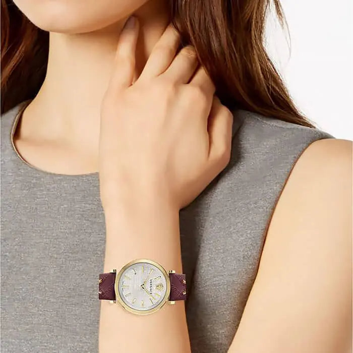Versace Quartz Silver Dial Purple Leather Gold Tone Ladies Watch VELS00519