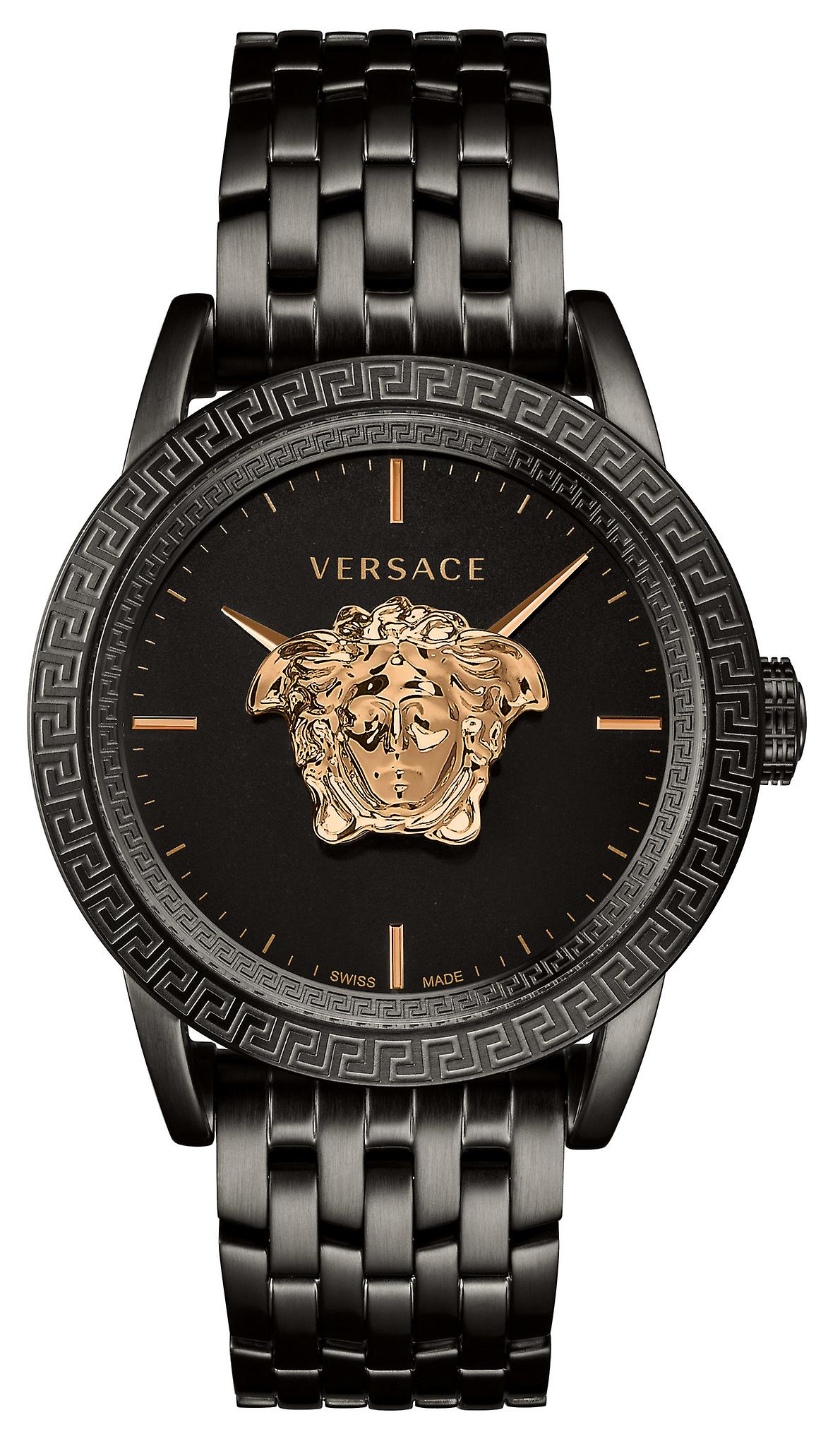 Versace men's watch with black dial, gold Medusa logo, and black stainless steel bracelet