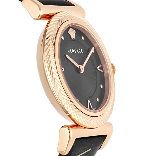 Versace VERE00818 angled view of black dial with rose gold case and textured bezel