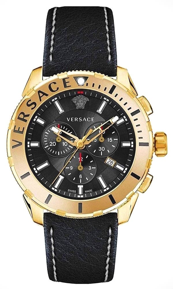 Versace Casual Chronograph watch with gold-tone case, black dial, and black leather strap
